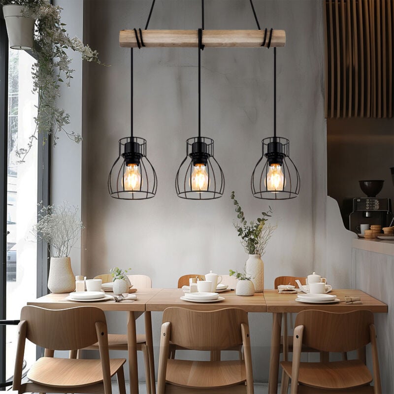 Suspension Vintage Lampe à suspendre en bois Lampe de table à manger Lampe à suspendre rétro avec poutres en bois, métal noir, 3 x E27 douille, LxlxH