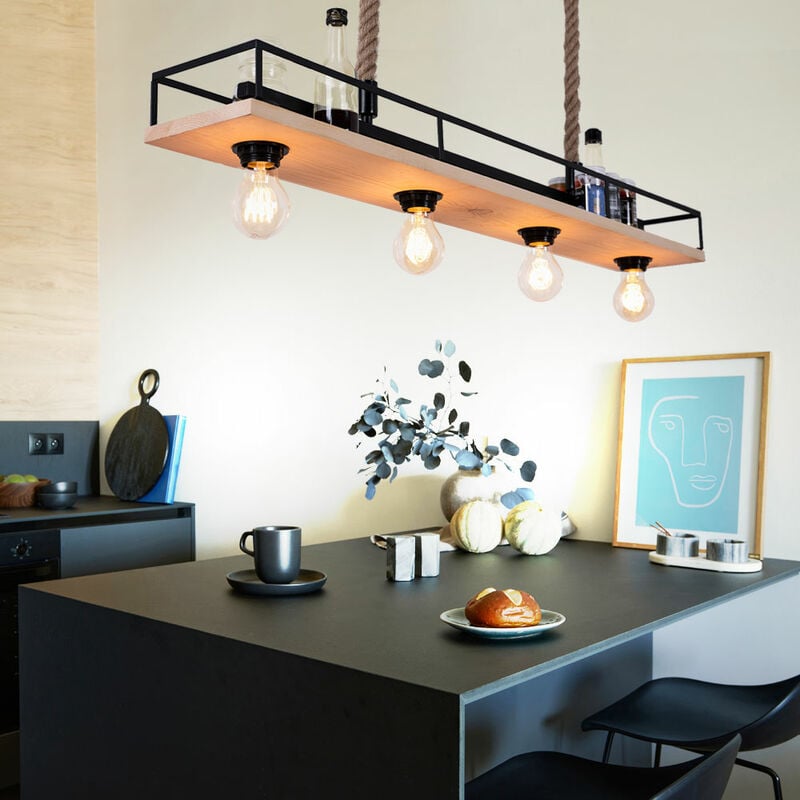 Etc-shop - Suspension lampe bois plafonnier salon suspension avec corde de chanvre, structure en métal avec étagère noire, 4x E27, LxH 95x120 cm