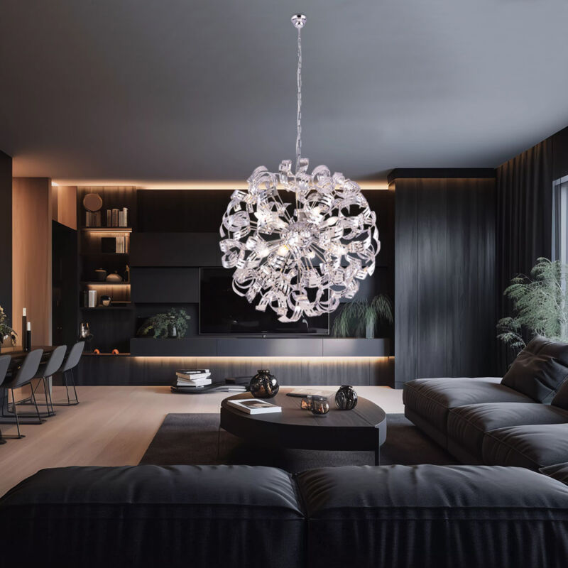 Suspension lampe boule chromée 8 flammes suspension salon, 8x douille E14, DxH 70x155 cm