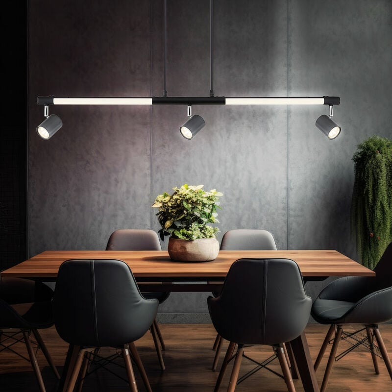 Suspension lampe de salle à manger spot spot plafonnier, métal chromé plastique noir opale, 3x GU10, spots orientables, 1x led 12W 690lm 3000K blanc