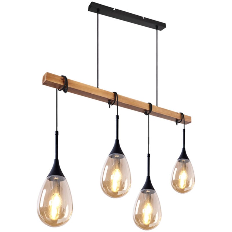 Suspension lampe de salle à manger suspension aspect bois grille noire suspension ronde 4 ampoules, métal mdf, douille 4x E27, LxPxH 85x15x120 cm