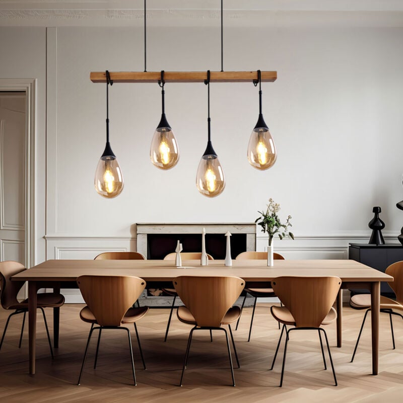 Suspension lampe de salle à manger suspension aspect bois grille noire suspension ronde 4 ampoules, métal mdf, douille 4x E27, LxPxH 85x15x120 cm