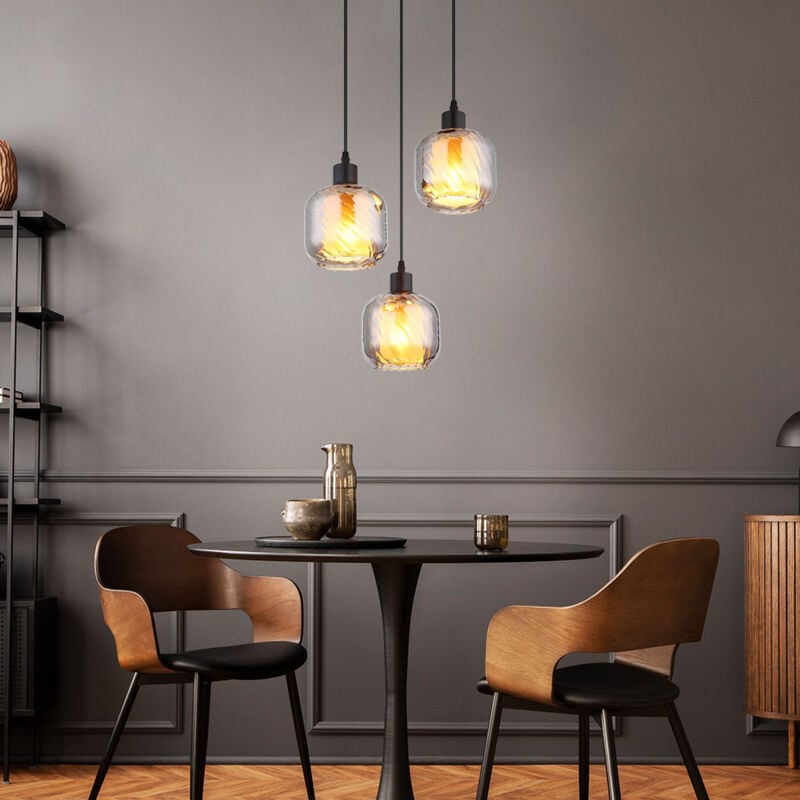 Globo - Suspension lampe de salle à manger verre fumé noir mat 3x E27 opale