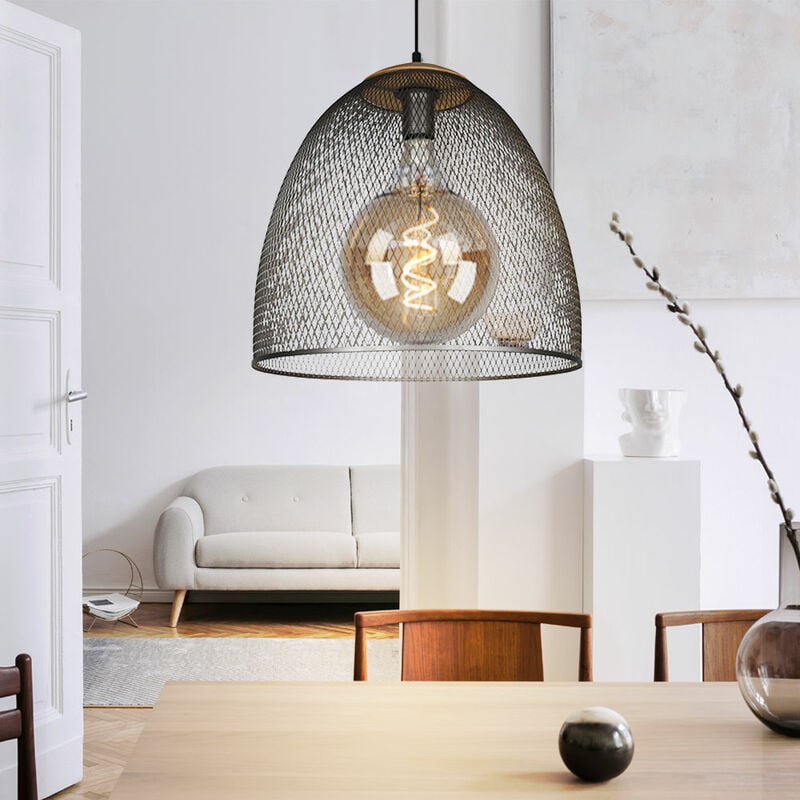 Lampe à suspendre Lampe de salon argentée 1 flamme Réglable en hauteur Abat-jour grillagé, métal bois, 1x douille E27, DxH 40x150 cm