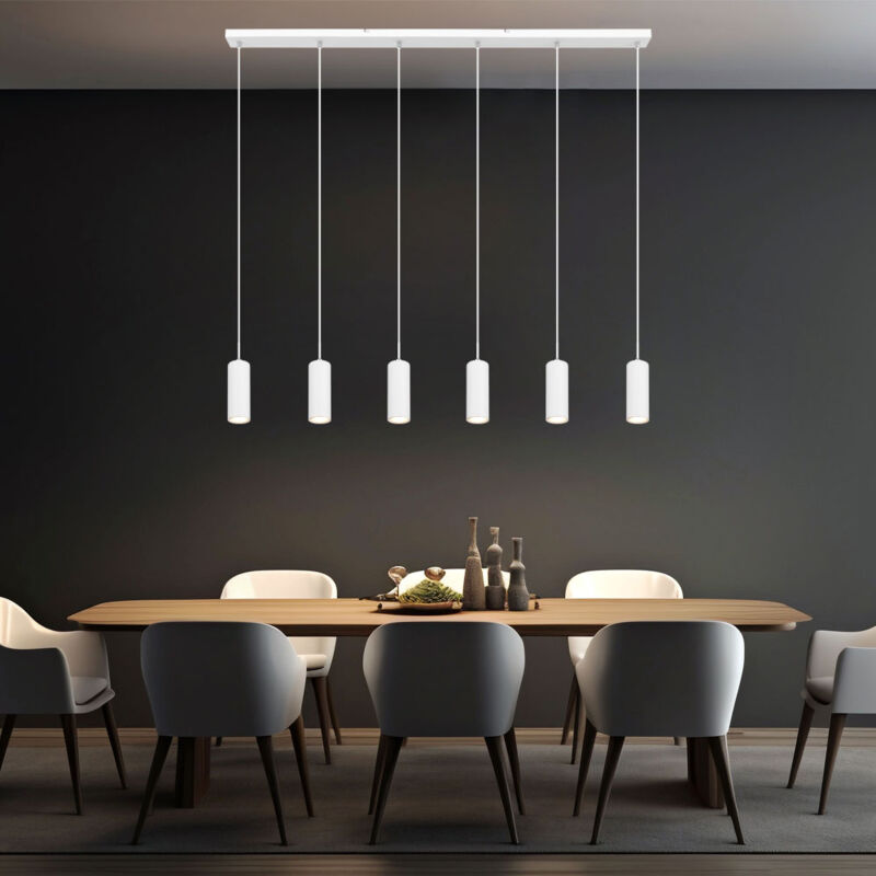 Suspension lampe de salon blanche plafonnier à 6 lampes suspendue, métal, 6x douilles GU10, LxlxH 115x6x120 cm