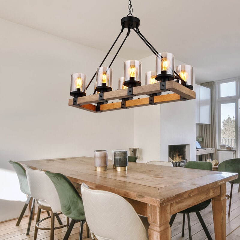 Suspension lampe de salon lampe de salle à manger, métal noir bois verre couleur fumée, 8 ampoules E27, h 100 cm