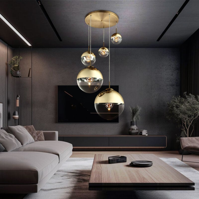 Suspension lampe de salon lampe de table à manger 5 flammes led suspension verre or, 5x 3,7W 5x 320lm blanc chaud, DxH 65 x 150 cm