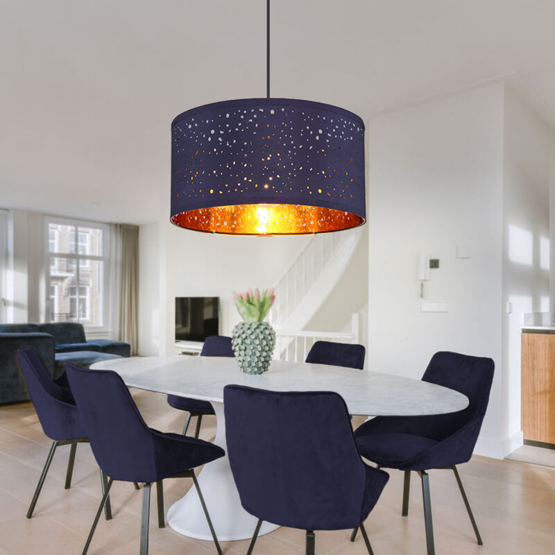 Suspension lampe de salon ronde 1 flamme cuivre bleu table à manger moderne, métal textile, 1x E27, DxH 40x140 cm