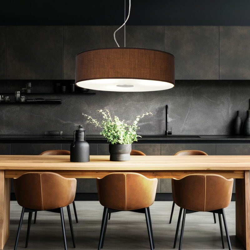 Suspension Lampe de salon suspendue ronde 1 flamme Suspension Abat-jour moderne en tissu, acier brossé, verre dépoli, 1x E27, DxH 45x175 cm