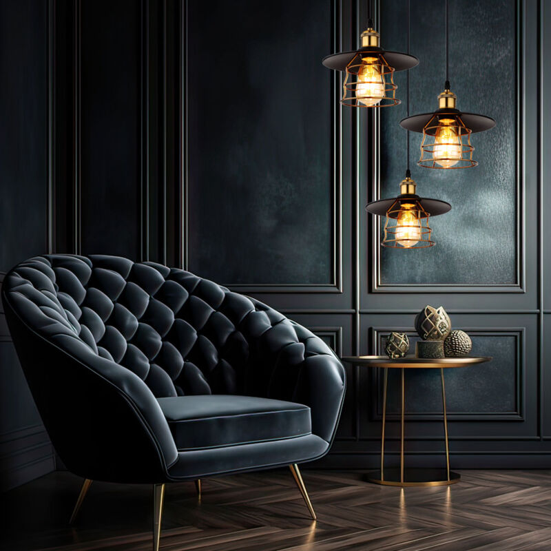 Suspension lampe de table à manger 3 flammes suspension industrielle cuisine, métal laiton noir, 3x E27, DxH 33x 150 cm