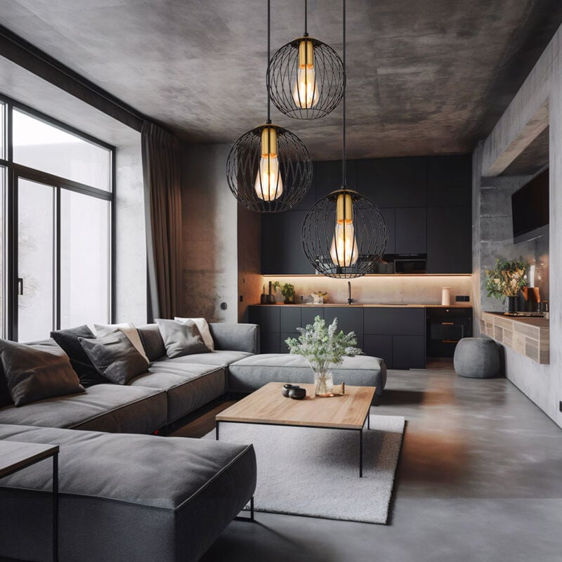 Suspension lampe de table à manger suspension, 3 lampes, lampe suspendue moderne avec abat-jour grillagé, métal, or noir, mat, 3x douille E27, DxH