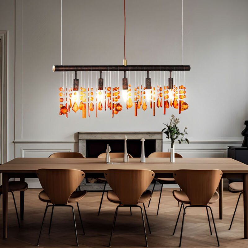 Suspension led Lampe de table à manger cristal Suspension salon, brun ambre, 5 flammes led blanc chaud, LxlxH 80x9,8x150 cm