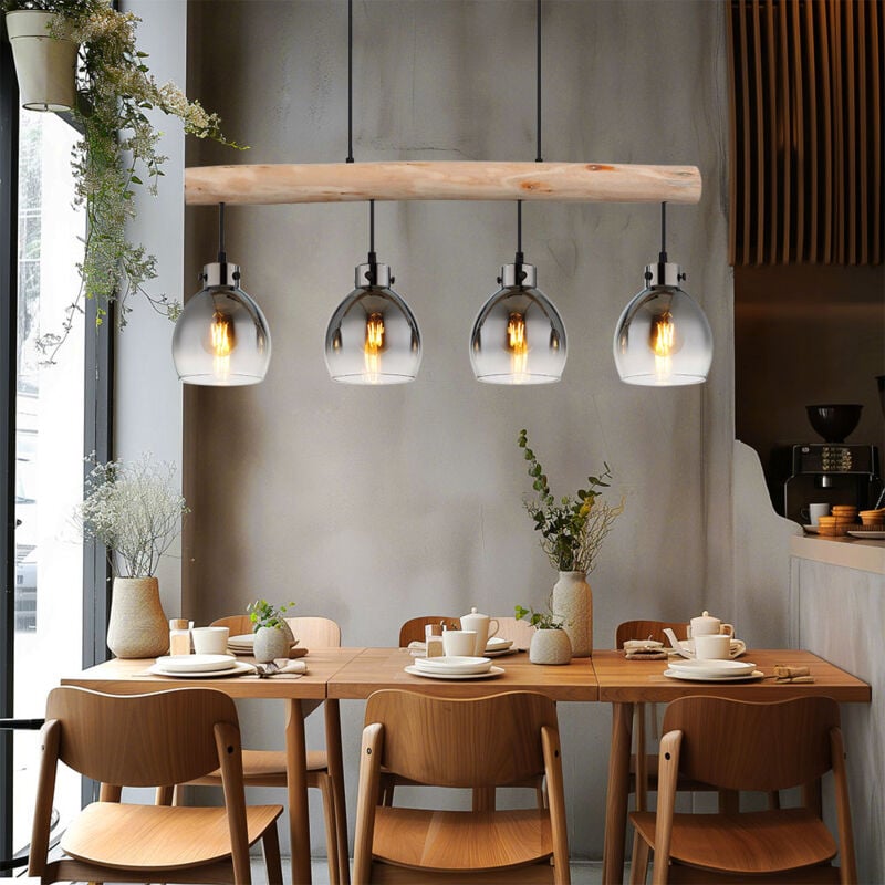Suspension lampe de table à manger lampe de salon lampe de salle à manger, métal bois verre fumé noir, 4 ampoules E27, H 140 cm