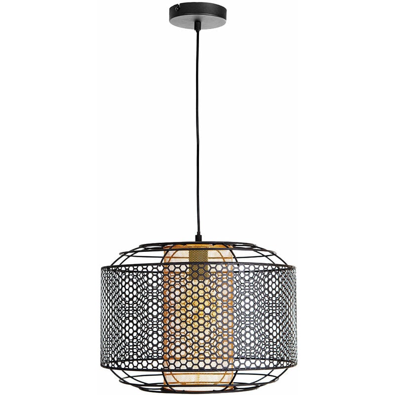 Suspension, lampe de table à manger, lampe de salon, lampe de cuisine, grille en métal noir, cylindre doré, 1x E27, h 150 cm