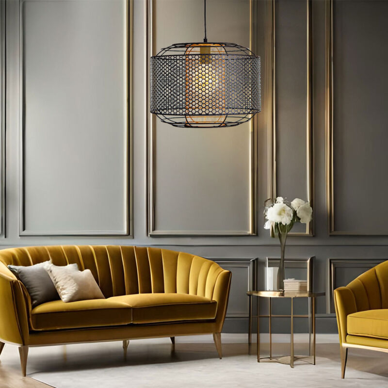 Suspension, lampe de table à manger, lampe de salon, lampe de cuisine, grille en métal noir, cylindre doré, 1x E27, h 150 cm Suspension, lampe de table à manger, lampe de salon, lampe de cuisine, grille en métal noir, cylindre doré, 1x E27, h 150 cm