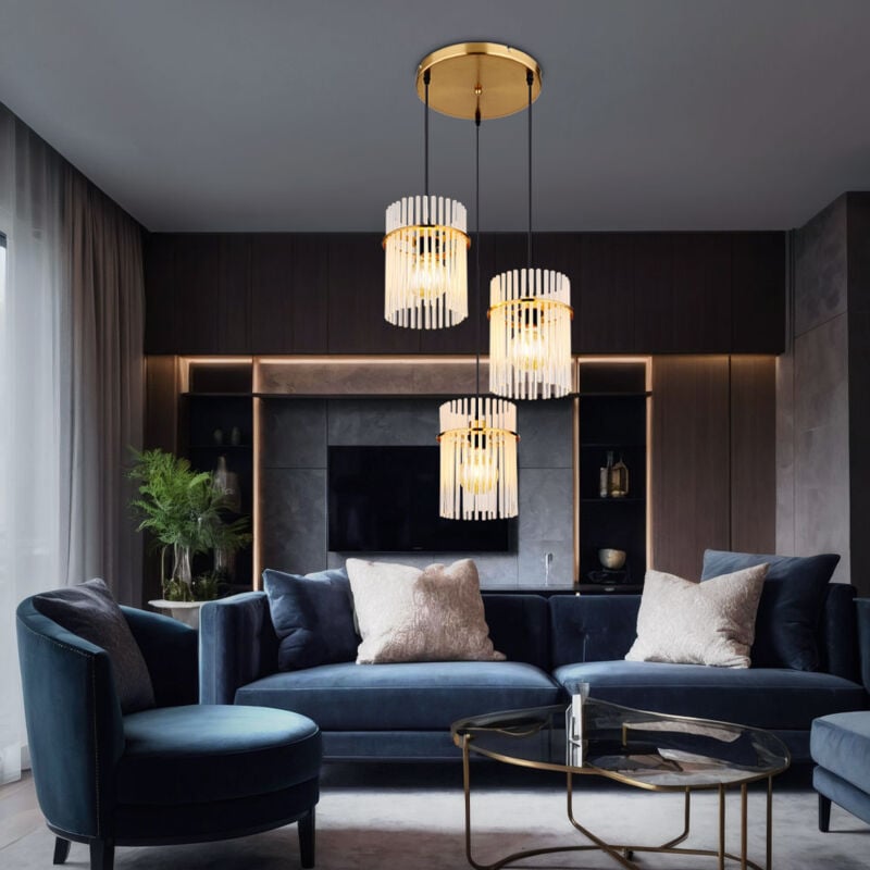 Suspension Lampe de table à manger Lampe à suspendre Salon 3 flammes, métal noir bois brun verre fumé, 3x E27, LxH 55x 120 cm