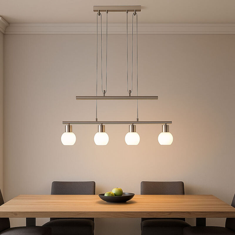Suspension Lampe de table à manger réglable en hauteur Lampe à suspension à 4 flammes, nickel mat, verre opalin, 4xE14, H 160 cm Suspension Lampe de table à manger réglable en hauteur Lampe à suspension à 4 flammes, nickel mat, verre opalin, 4xE14, H 160 cm