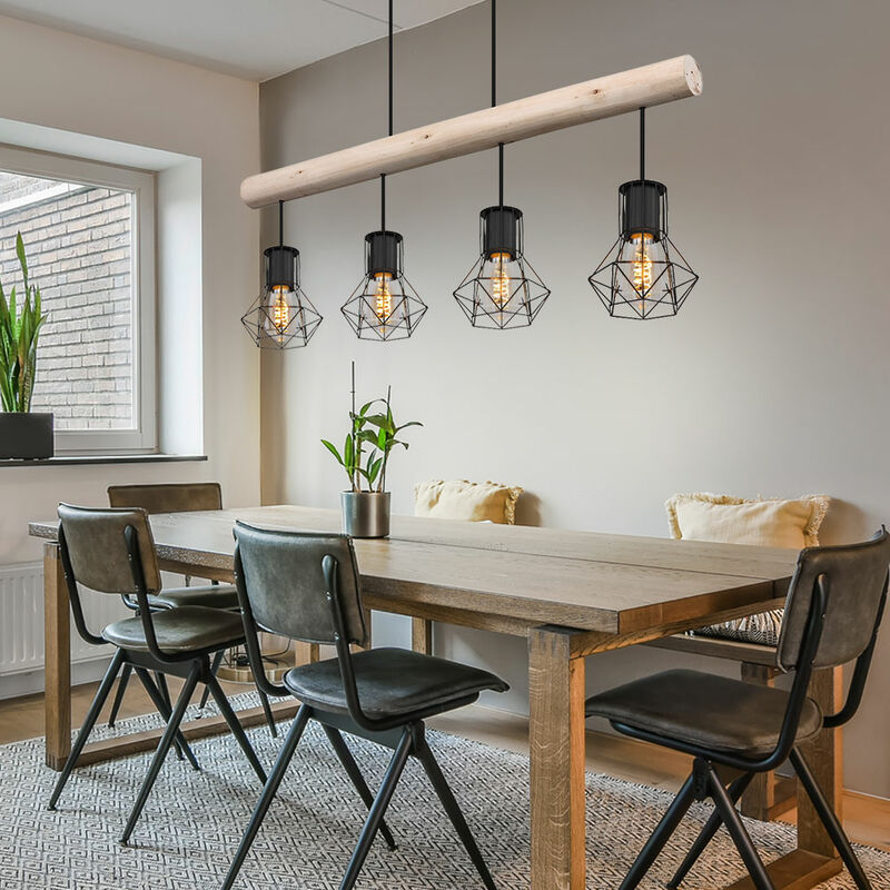 Suspension, lampe de table à manger, lampe industrielle en bois, réglable en hauteur, maison de campagne, métal, noir, 4x E27, LxlxH 82x13,3x120 cm