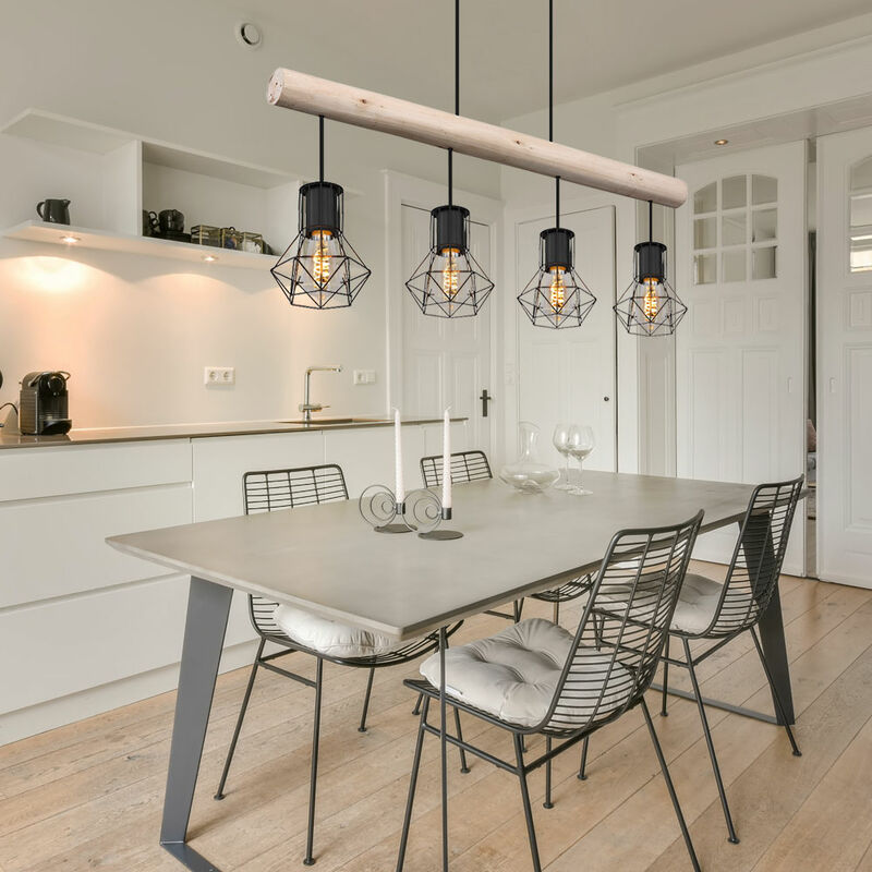 Globo - Suspension, lampe de table à manger, lampe industrielle en bois, réglable en hauteur, maison de campagne, métal, noir, 4x E27, LxlxH