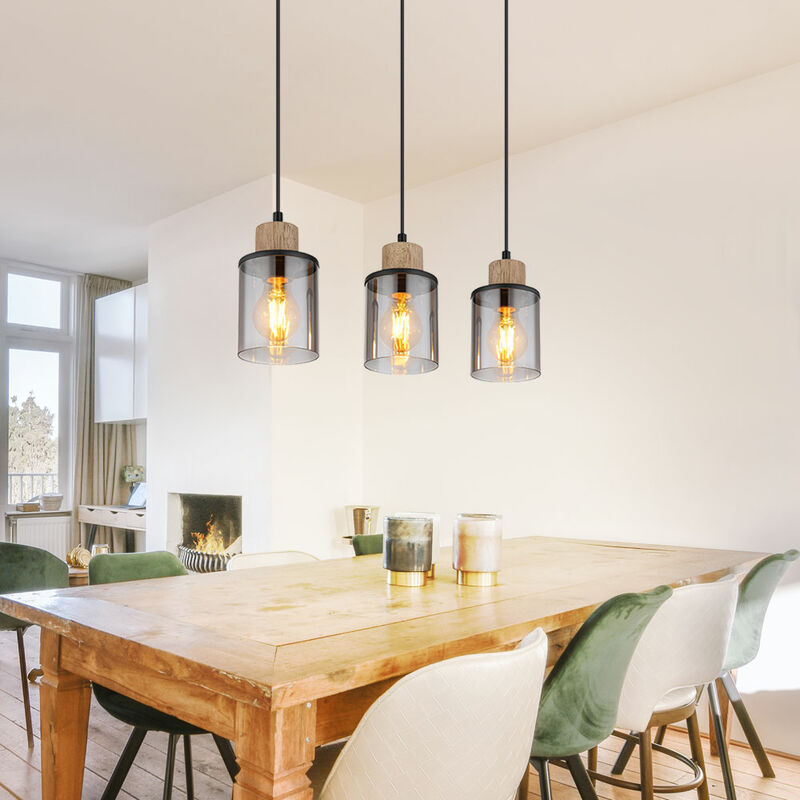 Suspension lampe de table à manger suspension salon 3 flammes, métal noir bois brun verre fumé, 3x E27, LxH 55x 120 cm