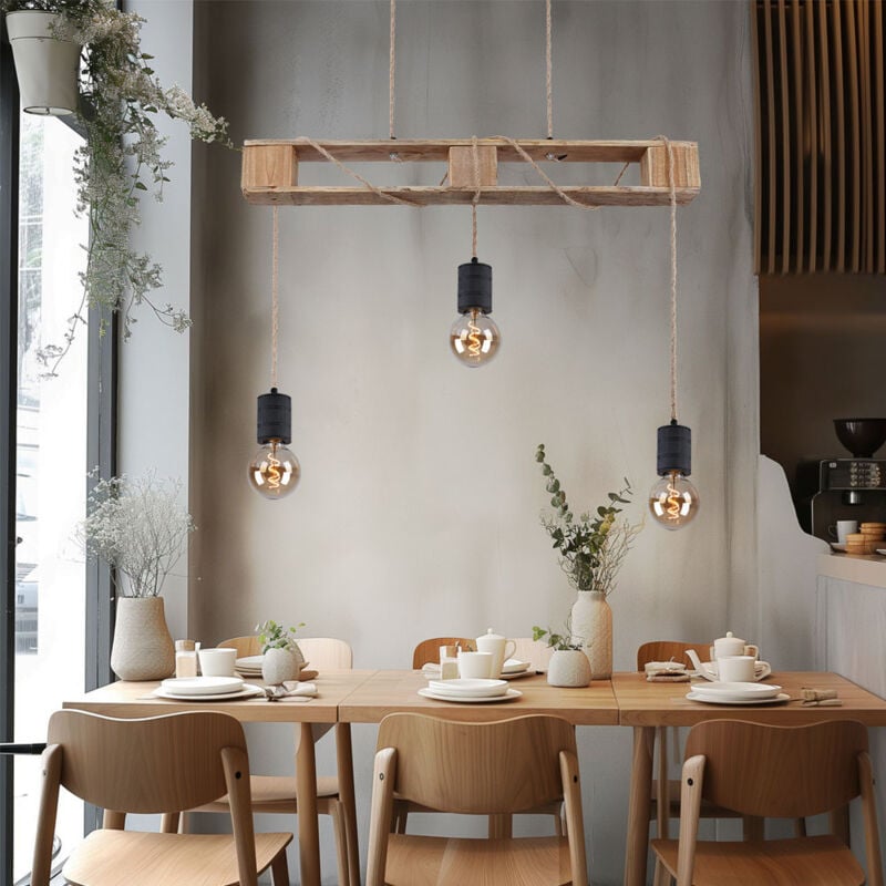 Suspension lampe en bois 3 flammes lampe de table à manger design palette lampe suspendue à régler, métal bois, noir marron, 3x douilles E27, LxlxH