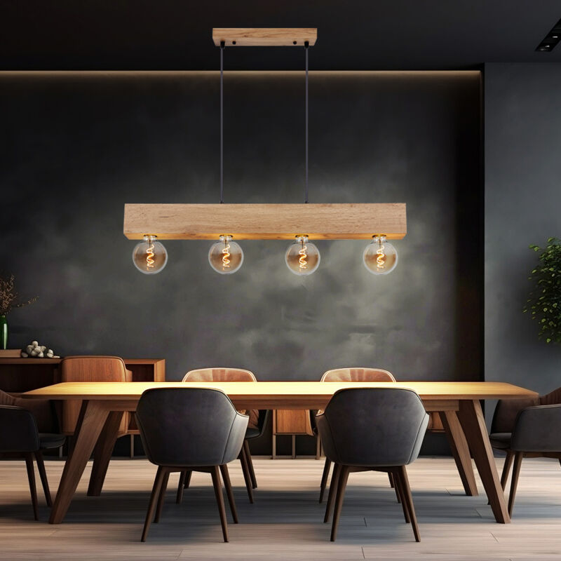 Suspension lampe en bois 4 flammes poutre en bois lampe à suspension marron clair lampe de salon, métal bois, 4x douilles E27, LxlxH 80x6x120 cm