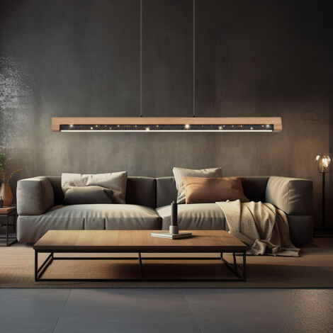 Suspension, lampe en bois, lampe de table à manger, lampe de salon, lampe de cuisine, métal, aluminium, bois, plastique, noir, marron, 1x LED 24W 580Lm 3000K blanc chaud, H 120 cm