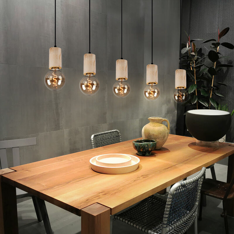 Suspension lampe en bois plafonnier salon noir suspension 5 flammes, métal couleur naturelle, douilles 5x E27, LxPxH 115x10x120 cm