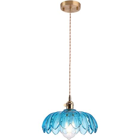 Suspension Lampe Industriel Vintage Verre Lotus Abat-Jour Pendentif Lumière Rétro E27 Finition En Laiton Suspendu Plafonnier (Bleu)