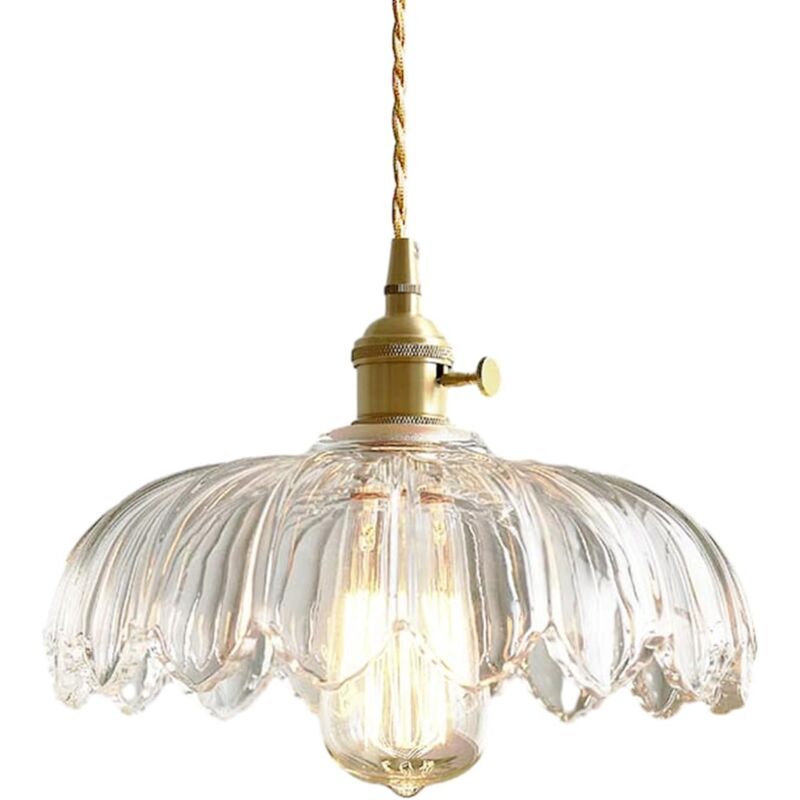 Suspension Lampe Industriel Vintage Verre Lotus Abat-Jour Pendentif Lumière Rétro E27 Finition En Laiton Suspendu Plafonnier (Transparent)