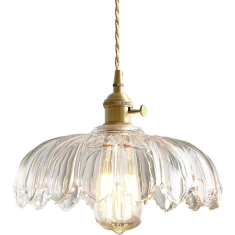 Suspension lampe industrielle vintage en verre Lotus – Abat-jour 25cm – Câble réglable 120cm – Support laiton poli E27