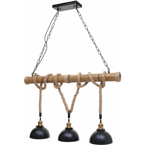 Suspension Lampe lustres style industrielle vintage bambou corde métal noir 3x abat-jour dôme