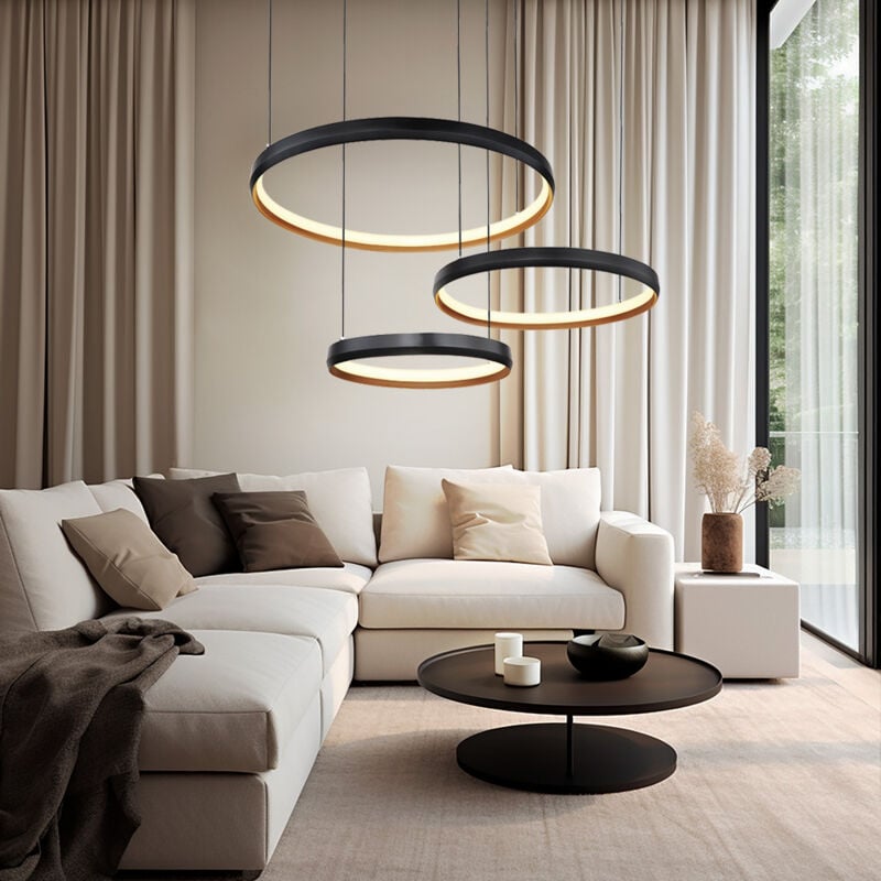 Globo - Suspension lampe noire dimmable lampe de salle à manger, anneaux led télécommande cct, métal or, led 55W 1800lm 2700-6000K, LxlxH