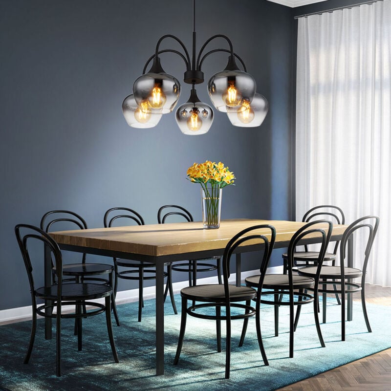 Suspension lampe salle à manger 5 lampes verre fumé noir E27 cuisine
