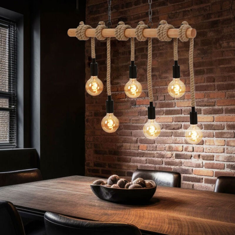 Suspension, lampe de salle à manger réglable en hauteur, suspension avec poutre en bois, corde de chanvre en métal noir, 6x douilles E27, LxlxH