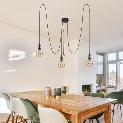 Suspension lampe suspendue en métal noir table à manger rétro suspension à 3 flammes, douilles suspendues librement, 3x E27, DxH 200x100 cm