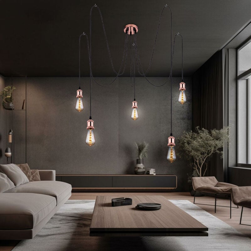 Suspension lampe suspendue lampe de salle à manger 5 ampoules lampe suspendue lampe de salon, textile métal cuivre, 5x E27, h 200 cm