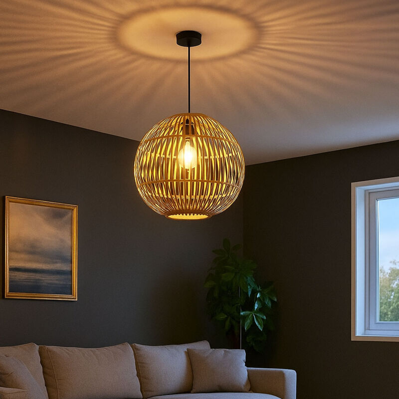 Suspension lampe suspendue lampe de salon lampe de salle à manger plafonnier, bambou naturel, 1x E27 led 7W 806Lm 2700K blanc chaud, h 150 cm