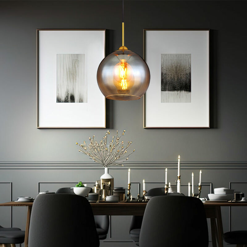 Lampe à suspension Lampe de table à manger Boule de verre ambre Lampe de salon laiton, 1x E27, DxH 25x120 cm Lampe à suspension Lampe de table à manger Boule de verre ambre Lampe de salon laiton, 1x E27, DxH 25x120 cm