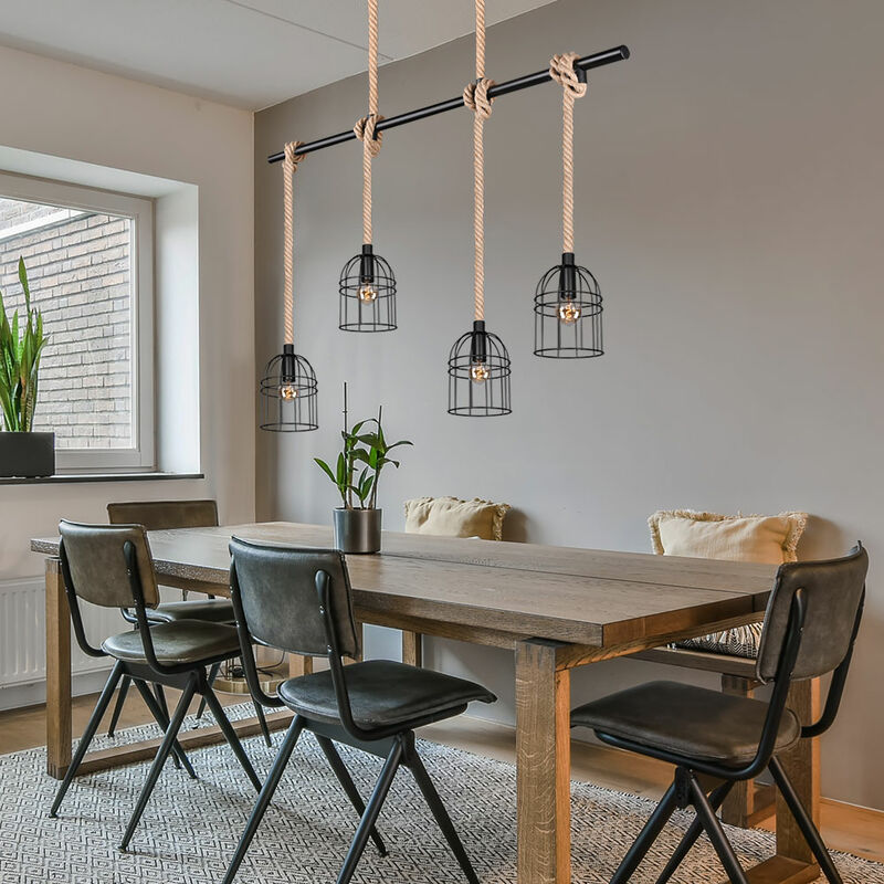 Suspension lampe suspendue lampe de table à manger suspension design grille de corde de sisal, métal noir, 4x douilles E14, LxH 90 x 150 cm