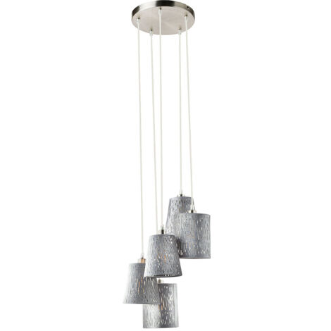 Suspension lampe suspendue lampe suspendue salon suspension lampe abat-jour tissu argent, métal velours poinçonnage décoratif, 5x douilles E14, PxH 35x140 cm