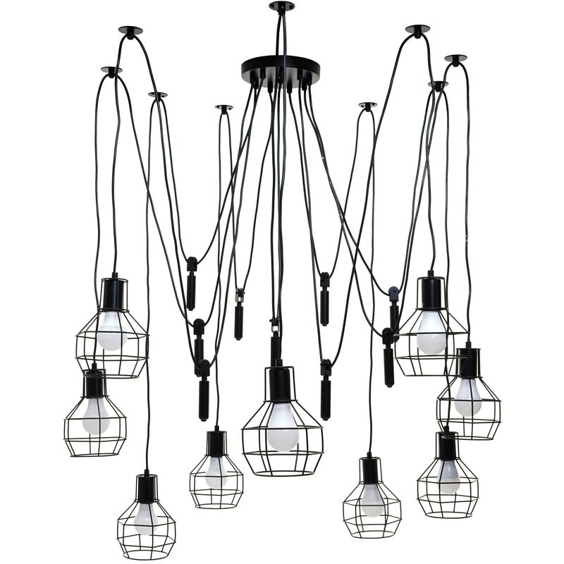 Suspension lampe suspendue lustre hauteur réglable en métal industriel noir 9x abat-jour en treillis 040004057