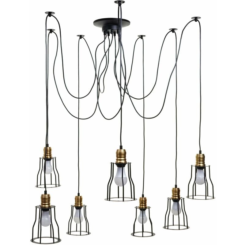 Suspension lampe suspendue lustre hauteur réglable en métal style industriel noir 7x abat-jour cage 040004043