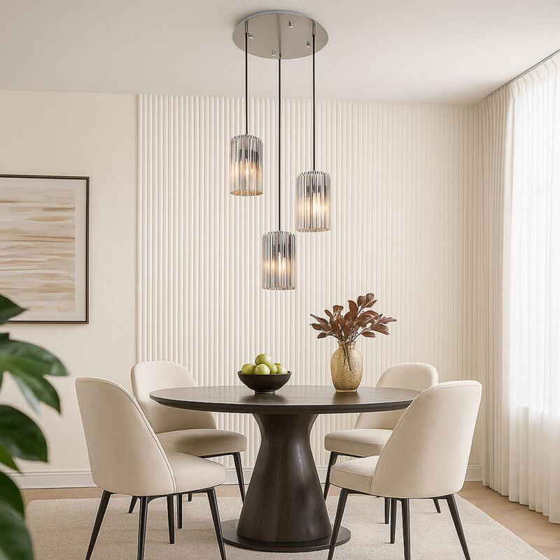 Lampe LED suspendue table de salle à manger Lampe à suspendre verre clair argenté, métal nickel mat, 3x 7W 630lm blanc chaud, DxH 38,5x120 cm Lampe LED suspendue table de salle à manger Lampe à suspendre verre clair argenté, métal nickel mat, 3x 7W 630lm blanc chaud, DxH 38,5x120 cm