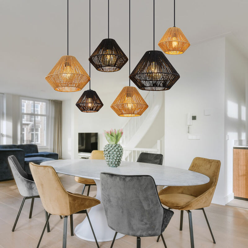 Globo - Lampe à suspension lampe de table à manger lampe de salon en corde naturelle style Boho, métal corde naturelle beige noir, 6x E27, h 120 cm