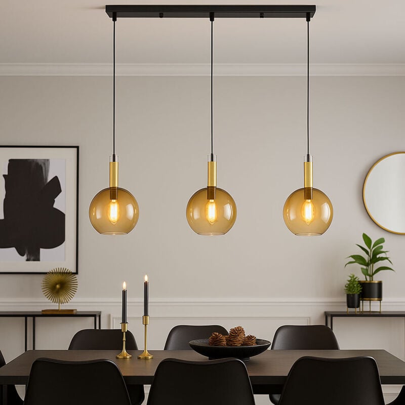 Globo - Suspension lampe suspendue plafonnier métal laiton verre ambre 3 lampes