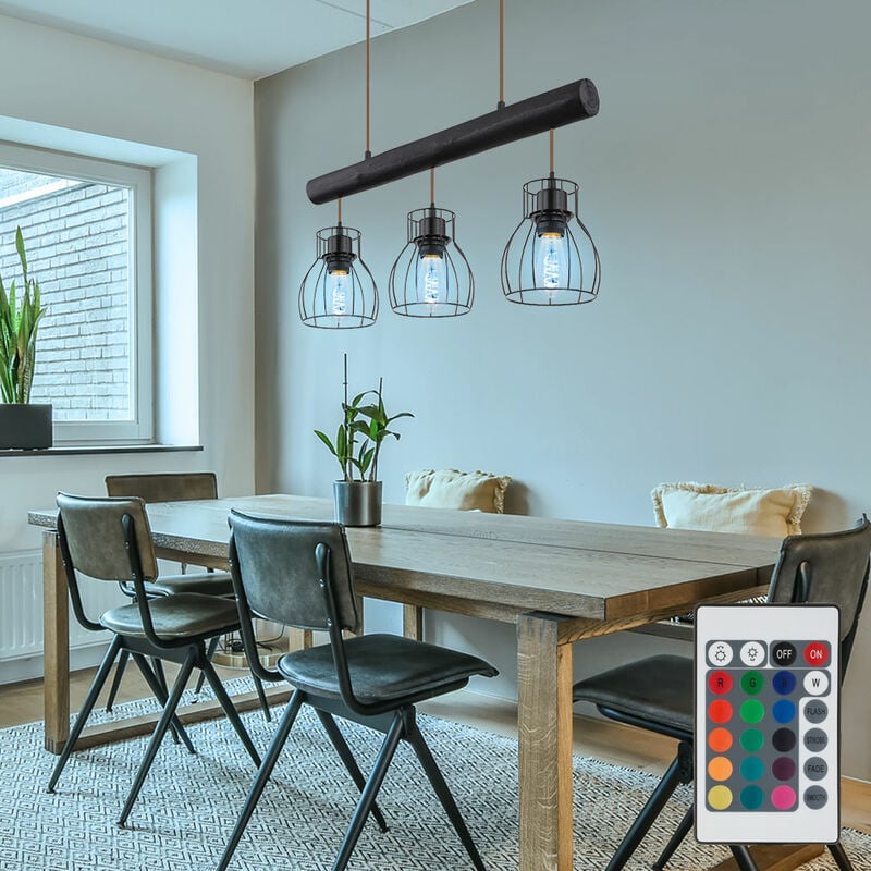 Suspension lampe suspendue poutres en bois vintage lampe rétro en bois avec abat-jour en grille noire, télécommande dimmable, 3x led rvb 4,8W 470Lm,