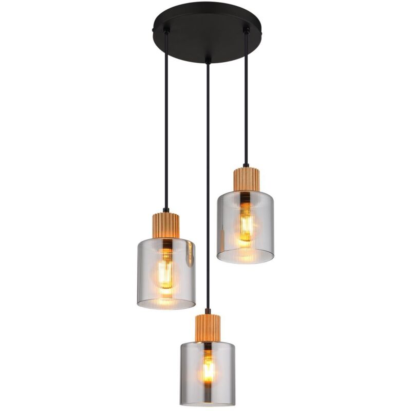 Suspension lampe suspendue salle à manger bois clair verre fumé noir E27 3 lampes