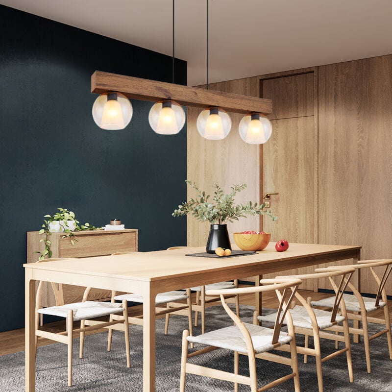 Suspension lampe suspendue salon verre clair lampe en bois 4 flammes L 100 cm