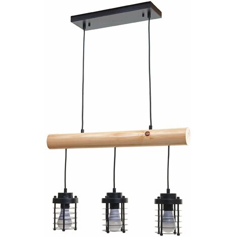 Suspension lampe suspendue suspension design industriel vintage bois massif métal noir 3 abat-jour 040004049